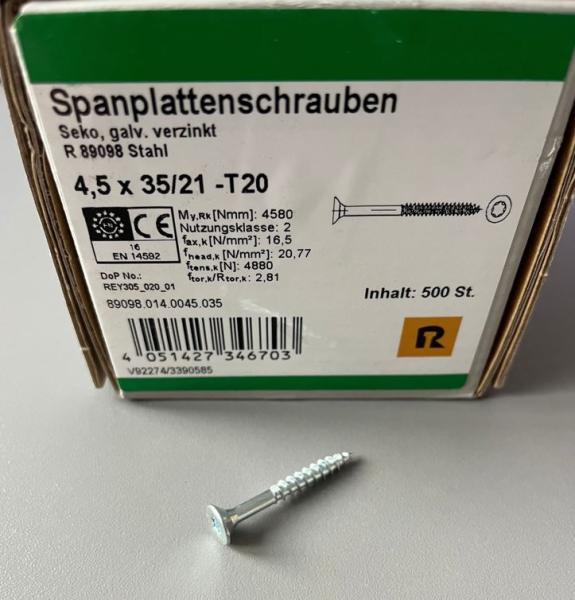 500 Stück Spanplattenschrauben Seko, galv. verzinkt 4,5 x 35/21 -T20 , Spax, 89098.014.0045.035 (VPE: 500 Stück)